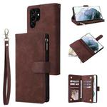 For Samsung Galaxy S22 Ultra 5G Multifunctional Frosted Zipper Wallet Leather Phone Case(Coffee)