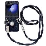 For Samsung Galaxy Z Flip4 5G Impression Camellia Pattern Protective Phone Case with Long Lanyard(Black)