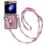 For Samsung Galaxy Z Flip4 5G Impression Camellia Pattern Protective Phone Case with Long Lanyard(Pink)