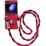 For Samsung Galaxy Z Flip4 5G Impression Camellia Pattern Protective Phone Case with Long Lanyard(Red)