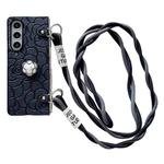 For Samsung Galaxy Z Fold4 5G Impression Camellia Pattern Protective Phone Case with Long Lanyard(Black)