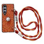 For Samsung Galaxy Z Fold4 5G Impression Camellia Pattern Protective Phone Case with Long Lanyard(Orange)