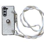 For Samsung Galaxy Z Fold5 5G Impression Camellia Pattern Protective Phone Case with Long Lanyard(White)