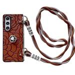 For Samsung Galaxy Z Fold5 5G Impression Camellia Pattern Protective Phone Case with Long Lanyard(Brown)