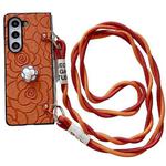 For Samsung Galaxy Z Fold5 5G Impression Camellia Pattern Protective Phone Case with Long Lanyard(Orange)