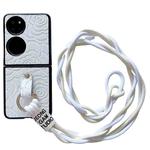 For Huawei P50 Pocket Impression Camellia Pattern Protective Phone Case with Diamond Ring Long Lanyard(White)