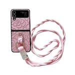For Samsung Galaxy Z Flip3 5G Impression Camellia Pattern Protective Phone Case with Diamond Ring Long Lanyard(Pink)