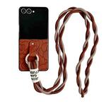 For Samsung Galaxy Z Flip7 5G Impression Camellia Pattern Protective Phone Case with Diamond Ring Long Lanyard(Brown)