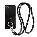 For Samsung Galaxy Z Flip7 5G Impression Camellia Pattern Protective Phone Case with Diamond Ring Long Lanyard(Black)