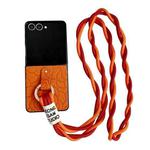 For Samsung Galaxy Z Flip7 5G Impression Camellia Pattern Protective Phone Case with Diamond Ring Long Lanyard(Orange)