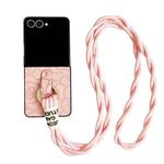 For Samsung Galaxy Z Flip7 5G Impression Camellia Pattern Protective Phone Case with Diamond Ring Long Lanyard(Pink)