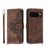 For Google Pixel 9 Pro Skin-feel Flowers Embossed Wallet Leather Phone Case(Brown)