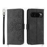 For Google Pixel 9 Pro Skin-feel Flowers Embossed Wallet Leather Phone Case(Black)