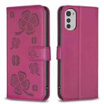 For Motorola Moto E32 4G Four-leaf Embossed Leather Phone Case(Rose Red)