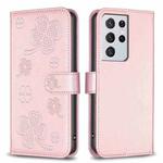 For Samsung Galaxy S21 Ultra 5G Four-leaf Embossed Leather Phone Case(Pink)