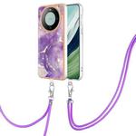 For Huawei Mate 60 Electroplating Marble Dual-side IMD Phone Case with Lanyard(Purple 002)