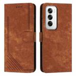 For OPPO Reno12 5G Global Skin Feel Stripe Pattern Leather Phone Case with Long Lanyard(Brown)