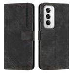 For OPPO Reno12 5G Global Skin Feel Stripe Pattern Leather Phone Case with Long Lanyard(Black)