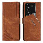 For Tecno Pova 5 Pro Skin Feel Stripe Pattern Leather Phone Case with Long Lanyard(Brown)