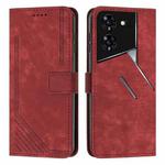 For Tecno Pova 5 Pro Skin Feel Stripe Pattern Leather Phone Case with Long Lanyard(Red)