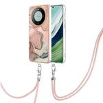For Huawei Mate 60 Electroplating Marble Dual-side IMD Phone Case with Lanyard(Rose Gold 015)