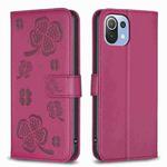 For Xiaomi Mi 11 Lite Four-leaf Embossed Leather Phone Case(Rose Red)