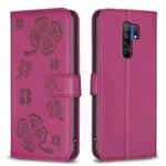 For Xiaomi Redmi 9 Four-leaf Embossed Leather Phone Case(Rose Red)