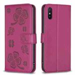 For Xiaomi Redmi 9A Four-leaf Embossed Leather Phone Case(Rose Red)