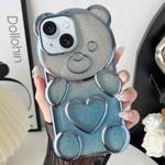For iPhone 15 Bear Shape Electroplated TPU Phone Case with Gradient Glitter Paper(Blue)