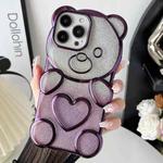 For iPhone 15 Pro Bear Shape Electroplated TPU Phone Case with Gradient Glitter Paper(Purple)