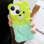 For iPhone 13 Bear Shape Oil-sprayed Gradient TPU Phone Case(Green Cyan-blue)