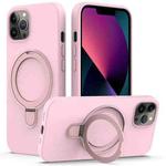 For iPhone 12 Pro MagSafe Magnetic Liquid Silicone Phone Case with Ring Holder(Grey Pink)