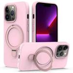 For iPhone 13 Pro Liquid Silicone MagSafe Magnetic Phone Case with Ring Holder(Grey Pink)