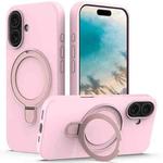 For iPhone 16 Liquid Silicone MagSafe Magnetic Phone Case with Ring Holder(Grey Pink)