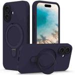 For iPhone 16 Liquid Silicone MagSafe Magnetic Phone Case with Ring Holder(Midnight Blue)