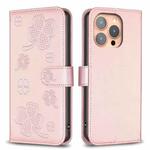For iPhone 15 Pro Four-leaf Embossed Leather Phone Case(Pink)