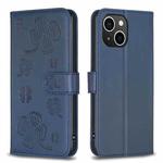 For iPhone 15 Four-leaf Embossed Leather Phone Case(Blue)