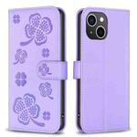 For iPhone 13 Four-leaf Embossed Leather Phone Case(Purple)