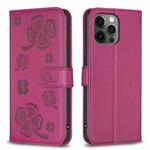 For iPhone 12 / 12 Pro Four-leaf Embossed Leather Phone Case(Rose Red)