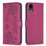 For iPhone XR Four-leaf Embossed Leather Phone Case(Rose Red)