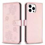 For iPhone 14 Pro Max Four-leaf Embossed Leather Phone Case(Pink)