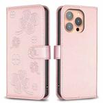 For iPhone 16 Pro Max Four-leaf Embossed Leather Phone Case(Pink)