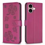 For iPhone 16 Plus Four-leaf Embossed Leather Phone Case(Rose Red)