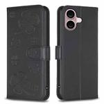 For iPhone 16 Plus Four-leaf Embossed Leather Phone Case(Black)