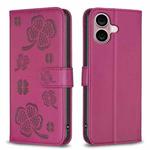 For iPhone 16 Four-leaf Embossed Leather Phone Case(Rose Red)