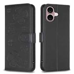 For iPhone 16 Four-leaf Embossed Leather Phone Case(Black)