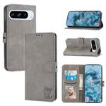 For Google Pixel 9 Embossed Happy Cat Pattern Flip Leather Phone Case(Grey)