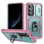 For Samsung Galaxy S24 5G Sliding Camshield TPU + PC Phone Case with Holder(Green+Pink)