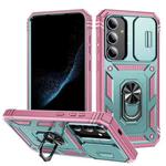 For Samsung Galaxy S24+ 5G Sliding Camshield TPU + PC Phone Case with Holder(Green+Pink)