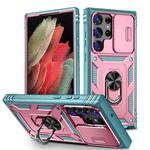 For Samsung Galaxy S24 Ultra 5G Sliding Camshield TPU + PC Phone Case with Holder(Pink+Green)